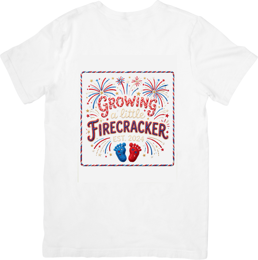 Growing A Little Firecracker T-Shirt | Patriotic 4th Of July Pregnancy Announcement Graphic Tee | New Mom Gift