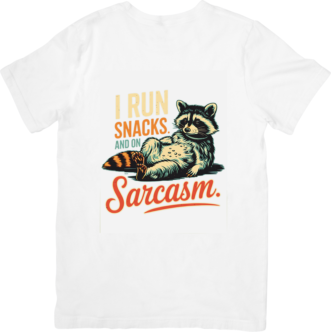 I Run On Snacks And Sarcasm Raccoon T-Shirt | Retro Funny Animal Graphic Tee | Humor Lover Gift