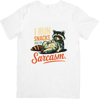 Thumbnail for I Run On Snacks And Sarcasm Raccoon T-Shirt | Retro Funny Animal Graphic Tee | Humor Lover Gift