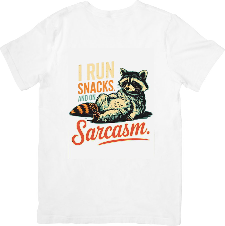 I Run On Snacks And Sarcasm Raccoon T-Shirt | Retro Funny Animal Graphic Tee | Humor Lover Gift